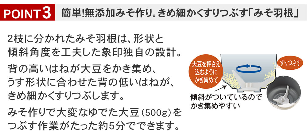 象印 餅つき機 力もち BS−ED10 はきめ細かくすりつぶす「みそ羽根」で簡単無添加味噌づくり