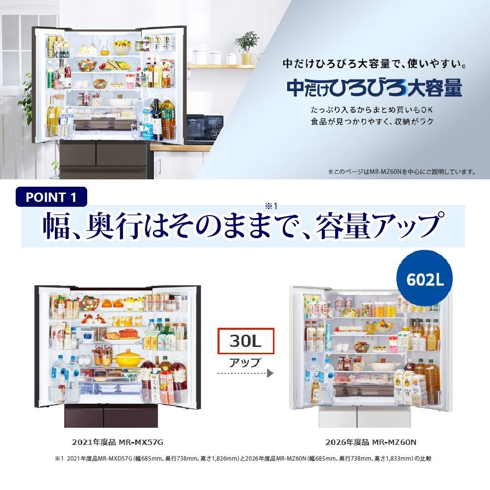 三菱 冷蔵庫 MR-WZ61K-Cは幅、奥行きはそのままで容量アップ
