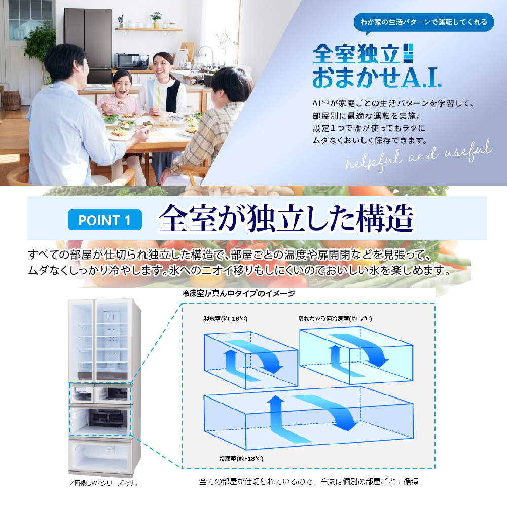 三菱 冷蔵庫 MR-WZ61K-Cは全室独立おまかせAI

