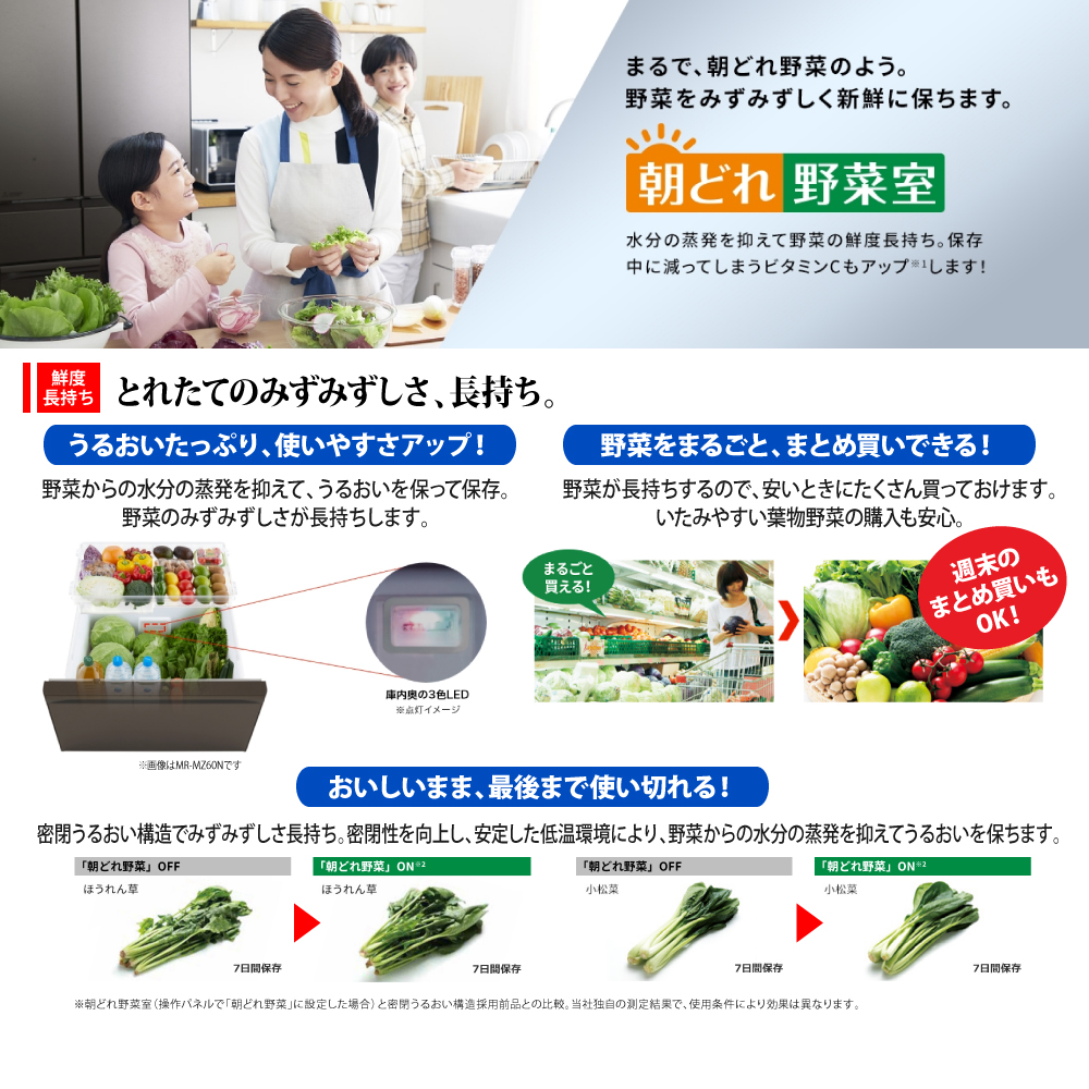 三菱 冷蔵庫 MR-WZ61K-Cの朝どれ野菜室で野菜をみずみずしく保ちます
